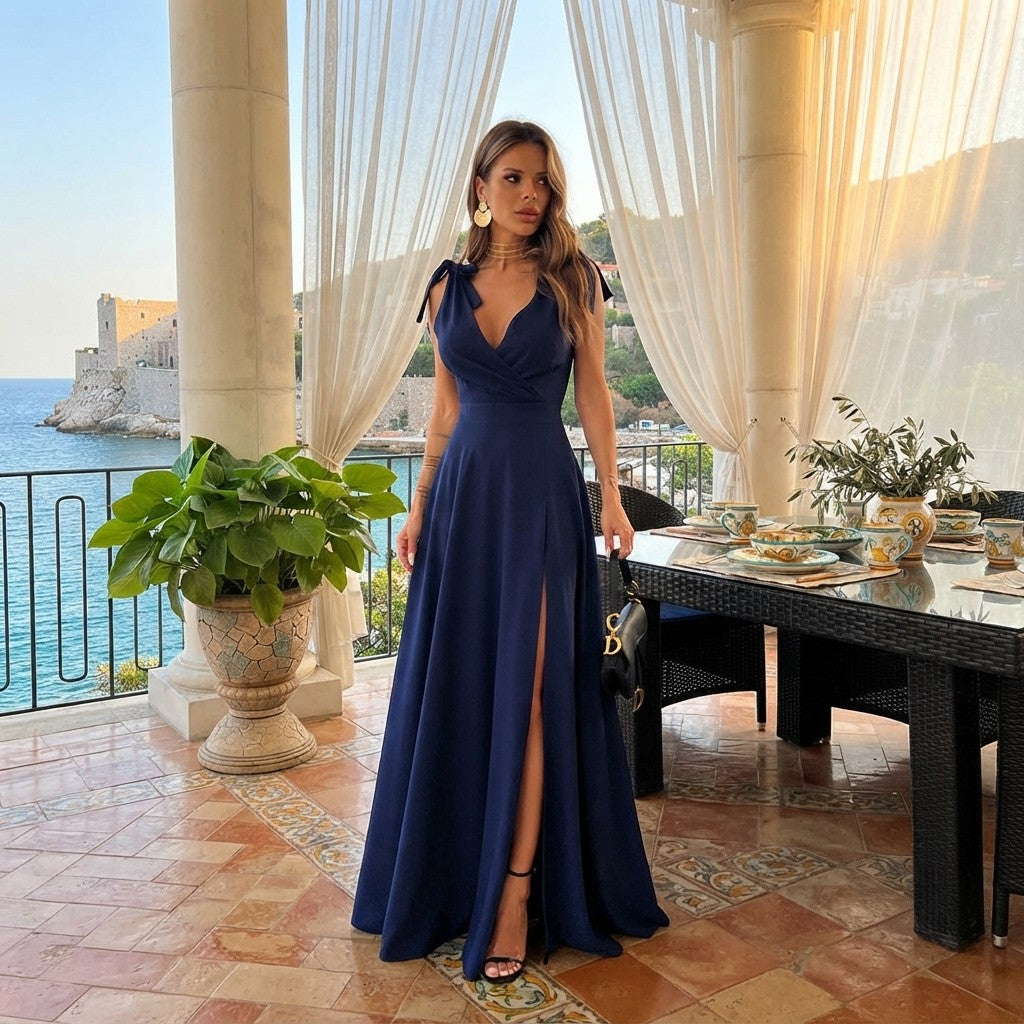 Solid V-Neck Split Evening Dress