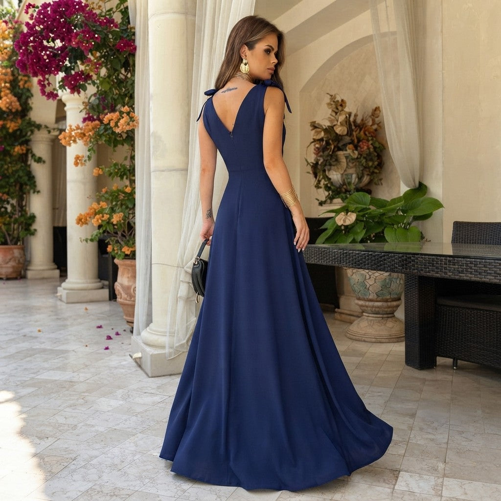 Solid V-Neck Split Evening Dress