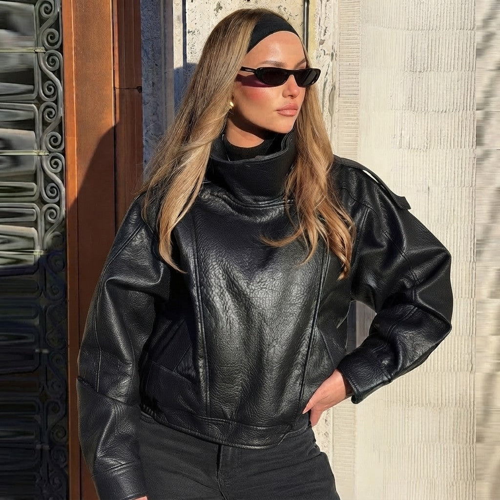 Faux Leather Cropped Bomber Jacket