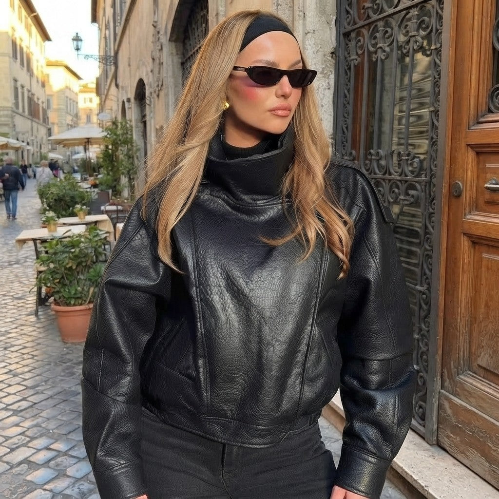 Faux Leather Cropped Bomber Jacket