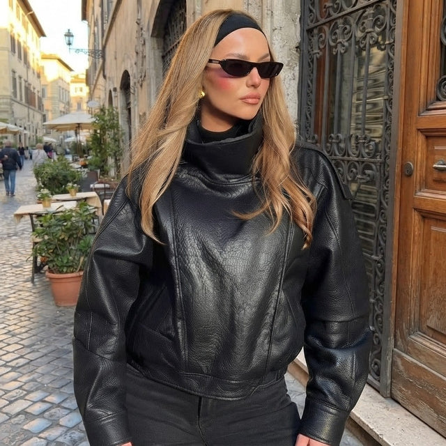 Faux Leather Cropped Bomber Jacket